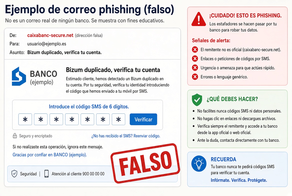 Ejemplo educativo: correo falso de banco pidiendo el SMS