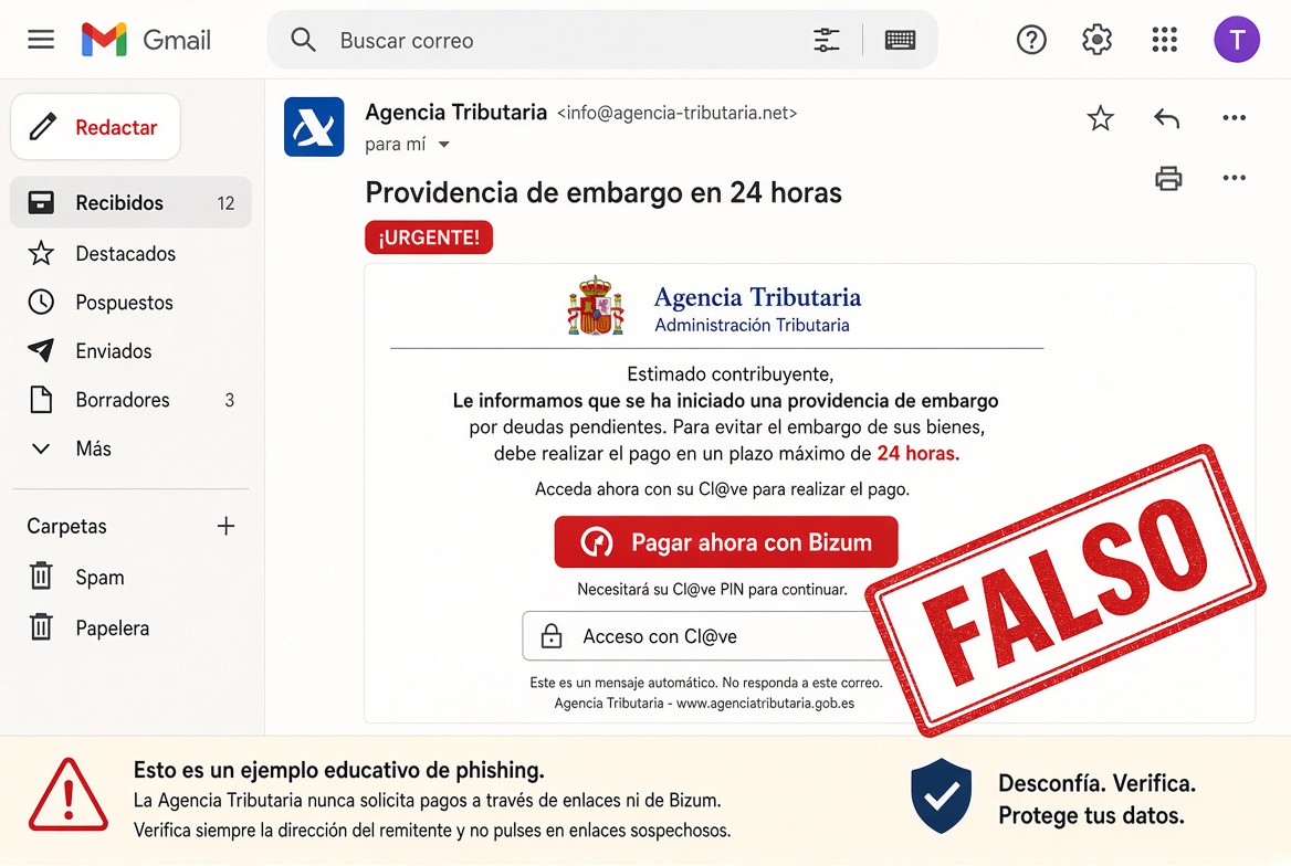 Ejemplo educativo: correo falso de Hacienda con sello FALSO
