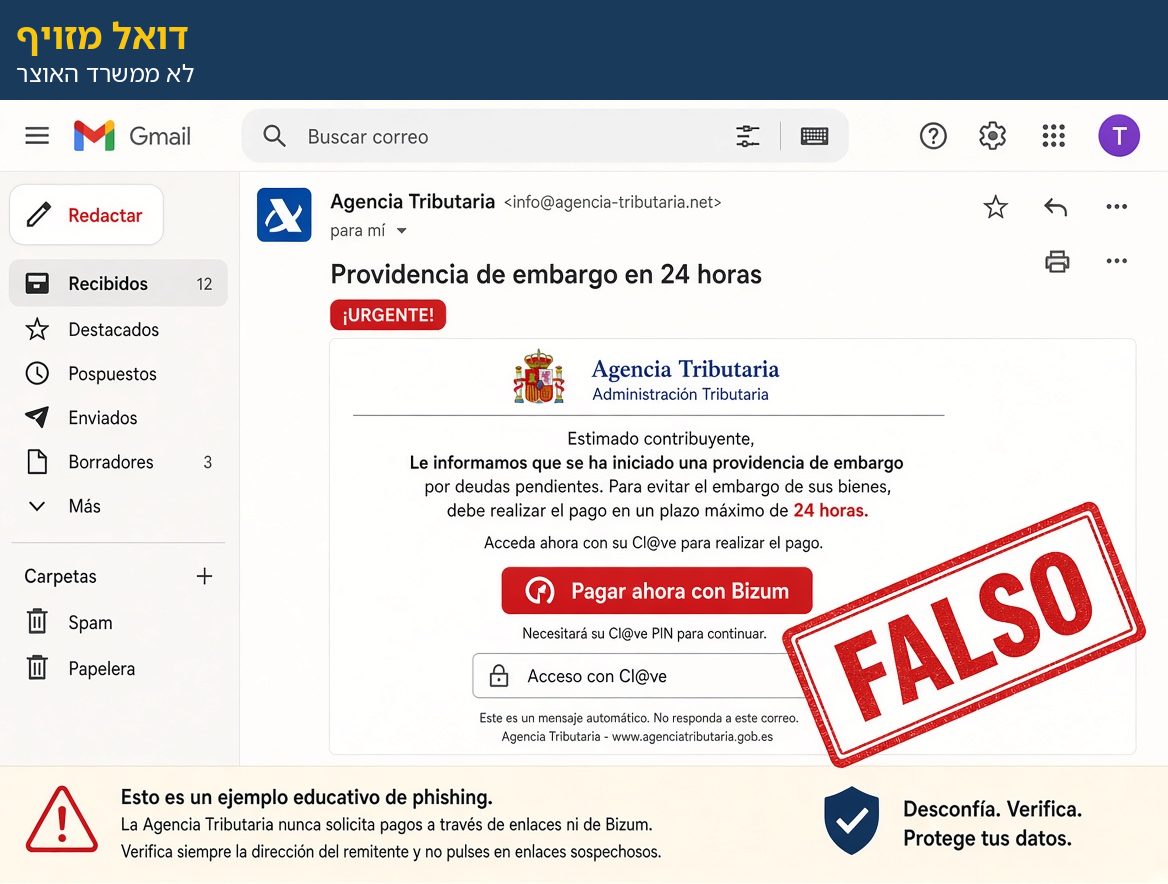 Ejemplo educativo: correo falso de Hacienda con sello FALSO